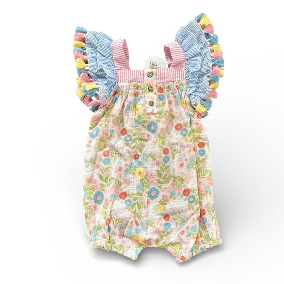 NWT Mud Pie Floral Bunny Print Tassel Trim One Piece Gauze Bubble Romper - Picture 2 of 2